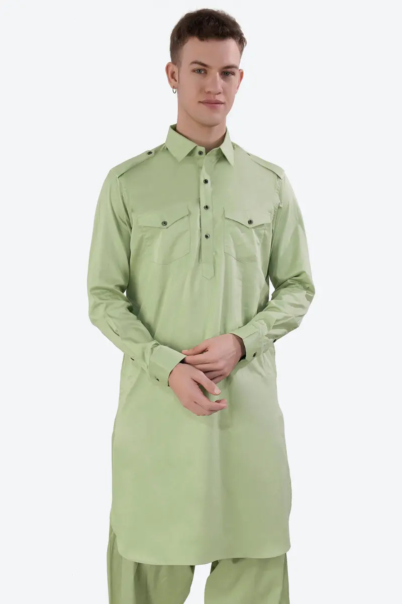 Swamp Green Subtle Sheen Super Soft Premium Cotton Pathani Kurta 2