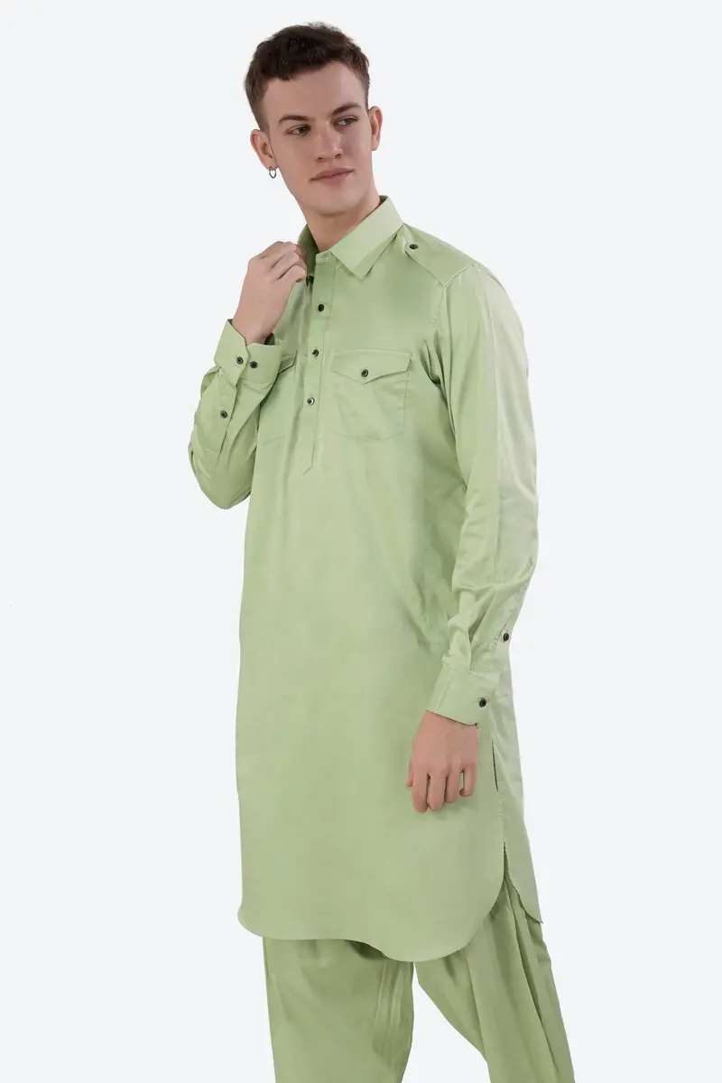 Swamp Green Subtle Sheen Super Soft Premium Cotton Pathani Kurta 6
