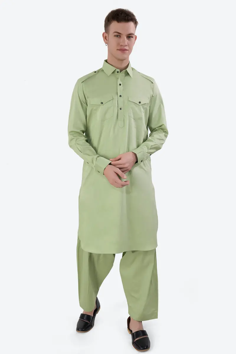 Swamp Green Subtle Sheen Super Soft Premium Cotton Pathani Set 2