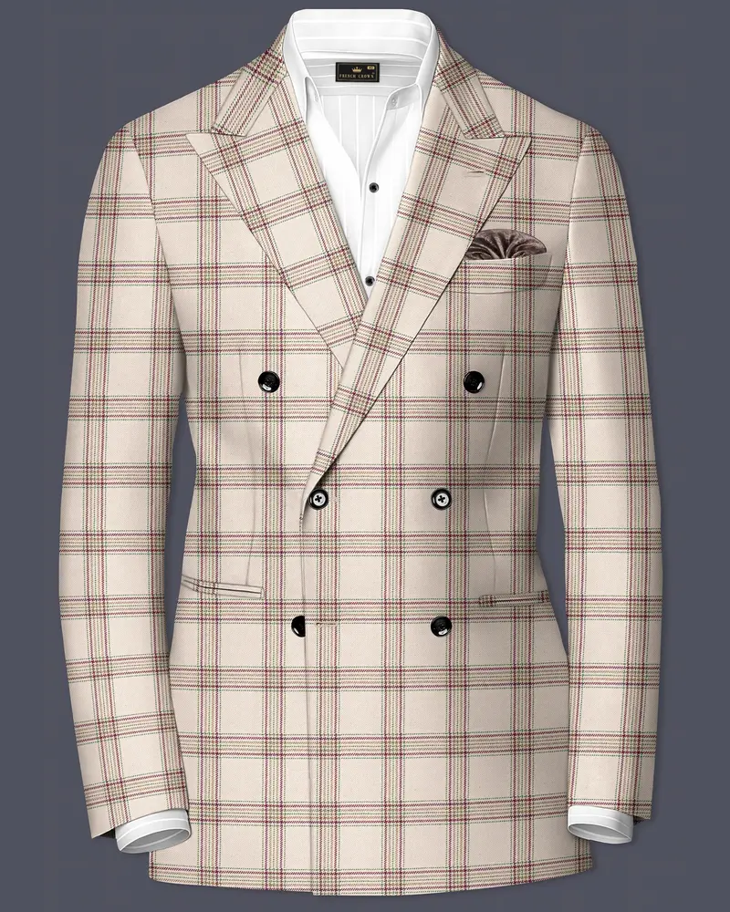 Swirl Cream With Maroon And Green Windowpane Tweed Double Breasted Blazer 1