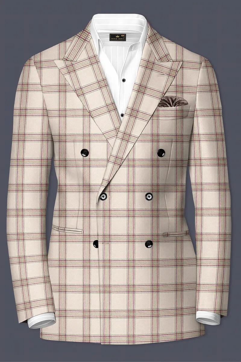 Swirl Cream With Maroon And Green Windowpane Tweed Double Breasted Blazer 2