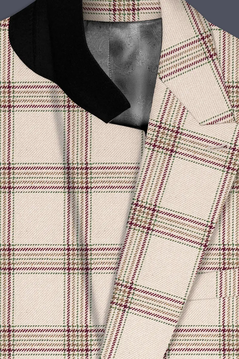 Swirl Cream With Maroon And Green Windowpane Tweed Double Breasted Blazer 4