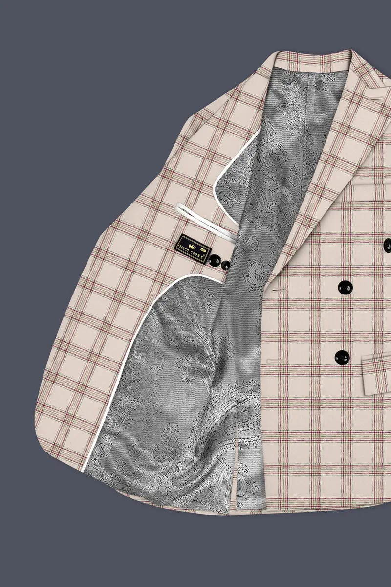 Swirl Cream With Maroon And Green Windowpane Tweed Double Breasted Blazer 5