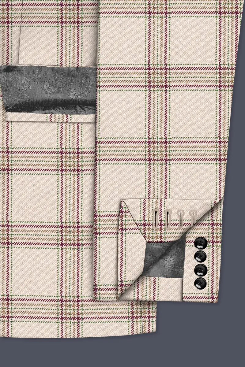 Swirl Cream With Maroon And Green Windowpane Tweed Double Breasted Blazer 6
