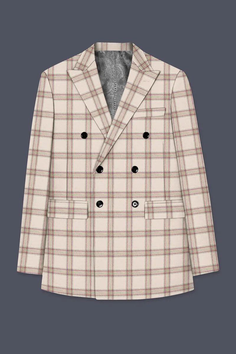 Swirl Cream With Maroon And Green Windowpane Tweed Double Breasted Blazer 7