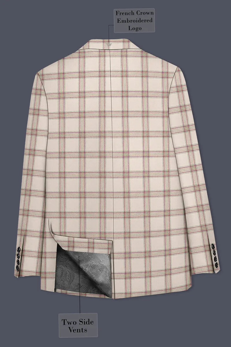 Swirl Cream With Maroon And Green Windowpane Tweed Double Breasted Blazer 8