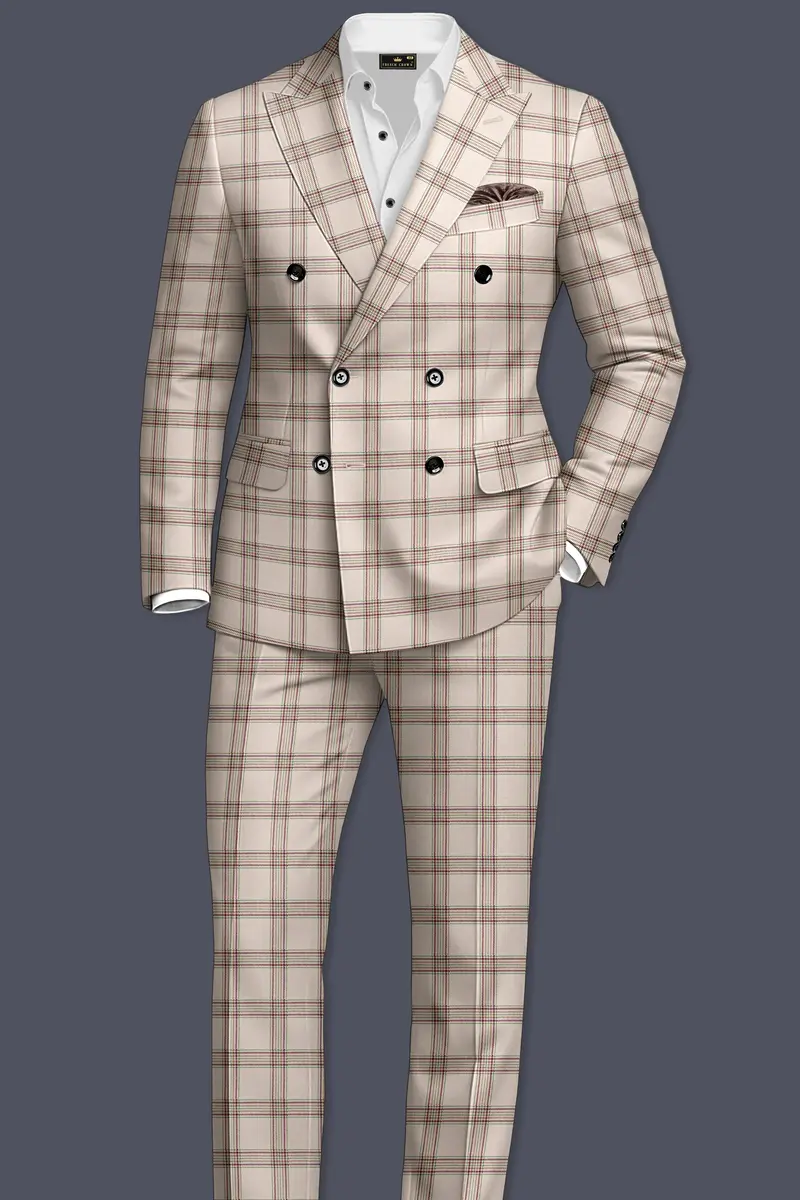 Swirl Cream With Maroon And Green Windowpane Tweed Double Breasted Blazer 9