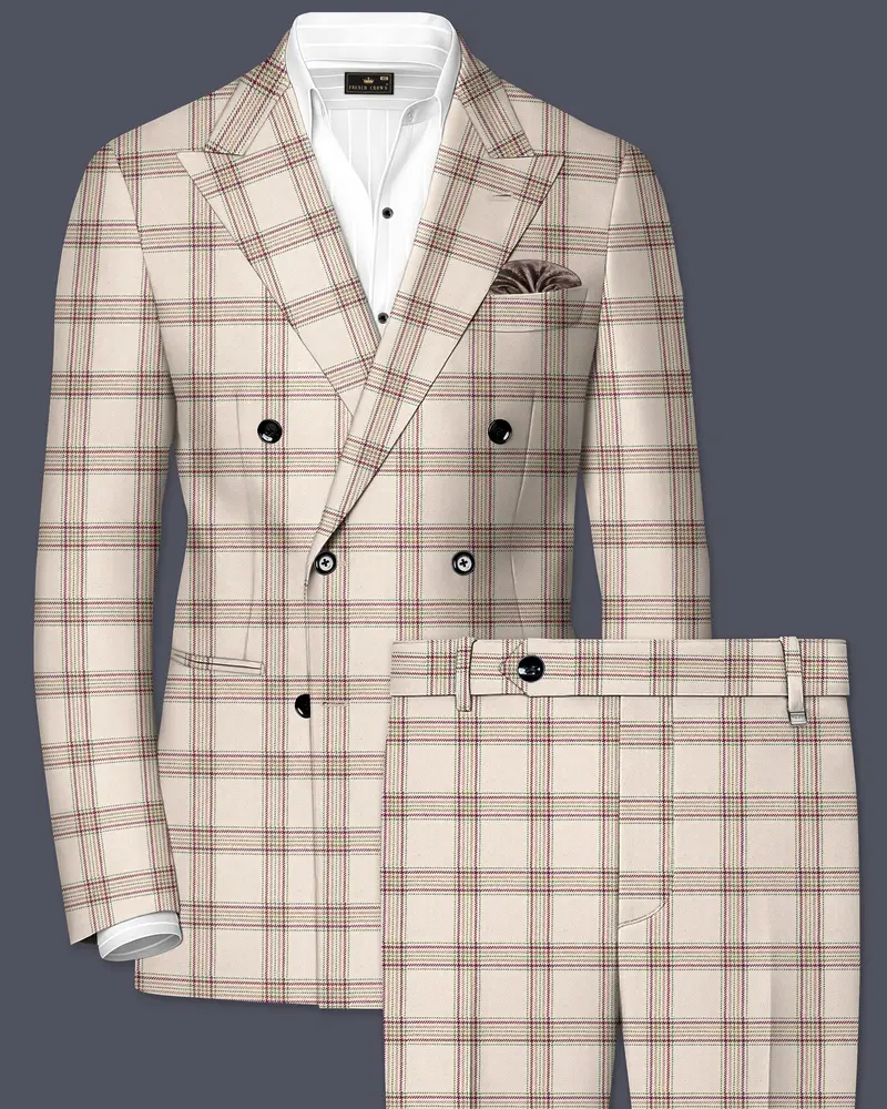 Swirl Cream With Maroon And Green Windowpane Tweed Double Breasted Suit 1