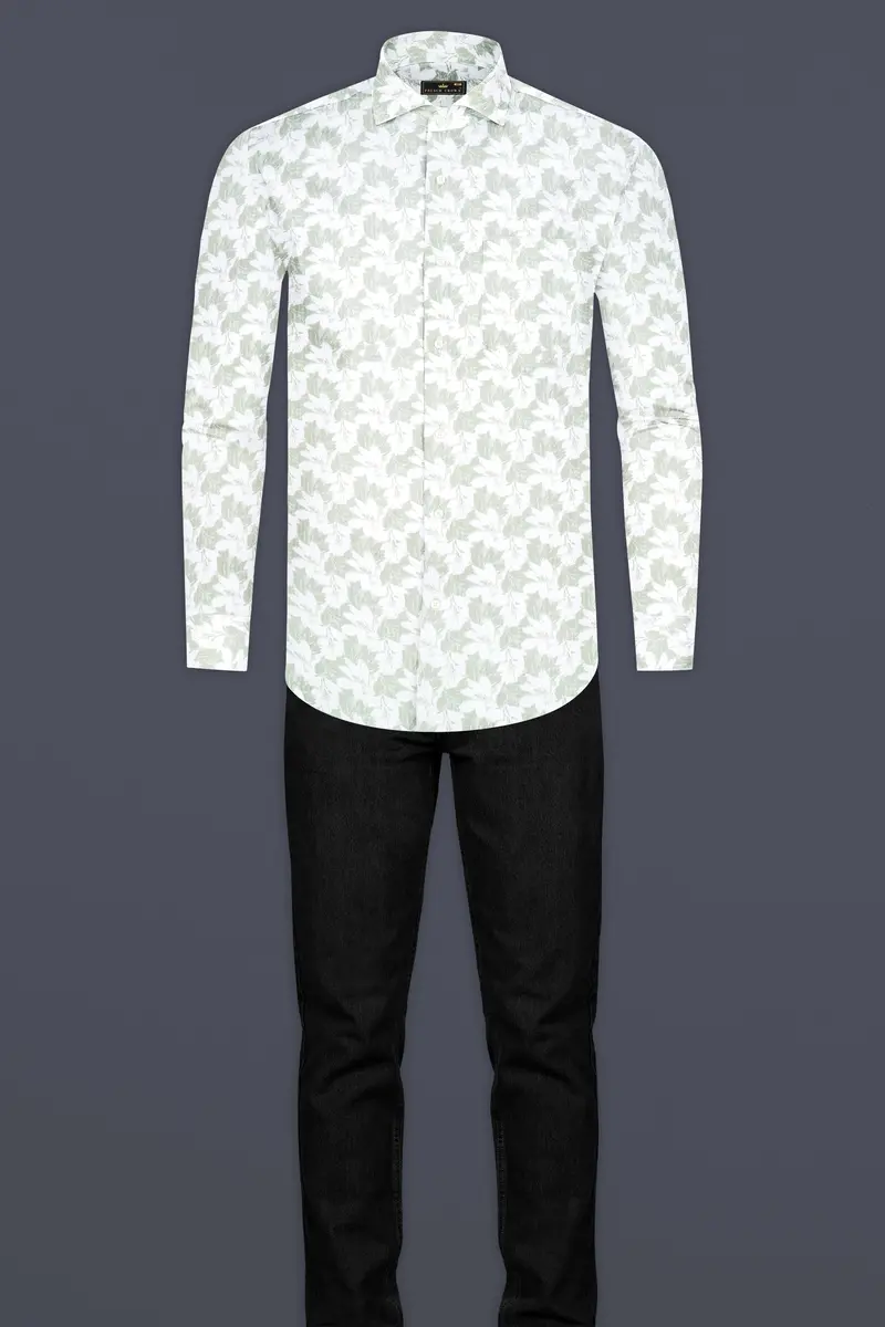 Swirl Green And Bright White Printed Premium Giza Cotton Shirt 6