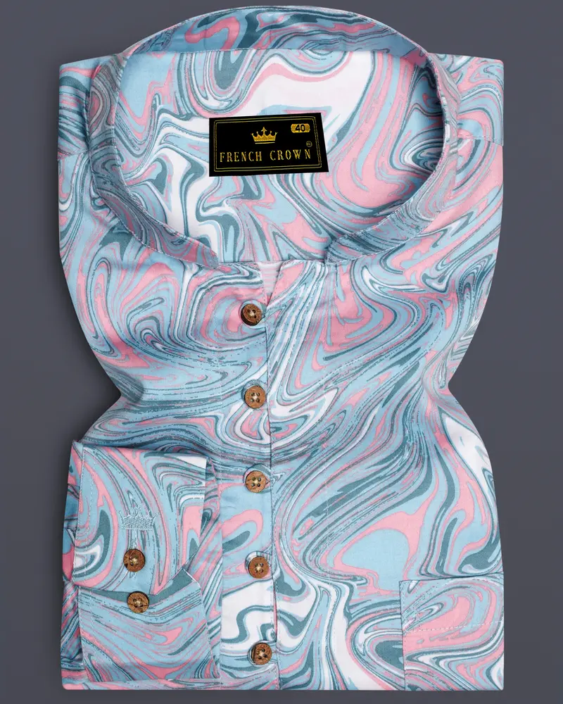 Swiroro-Horizon Blue And Blossom Pink Marble Swirl Printed Subtle Sheen Super Soft Premium Cotton Casual Kurta Shirt 1