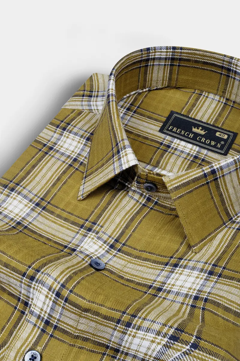 Sycamore Olive With Mirage Blue And Mercury White Plaid Twill Premium Cotton Shirt 1