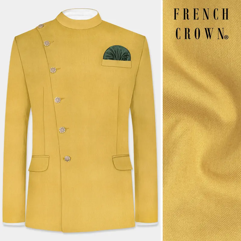 Sycamore Yellow Premium Cotton Cross Placket Bandhgala Blazer 1