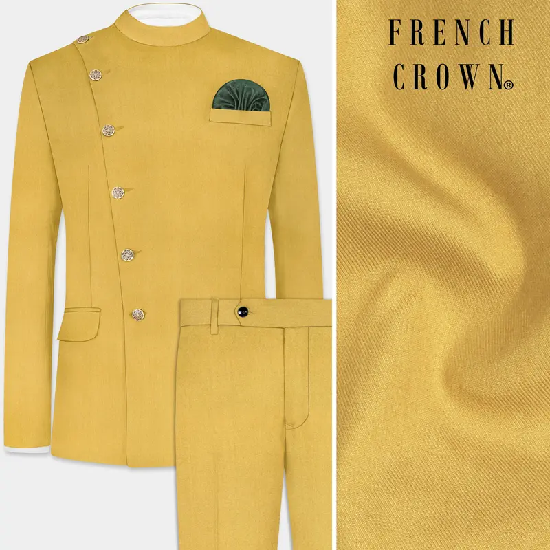 Sycamore Yellow Premium Cotton Cross Placket Bandhgala Suit 1
