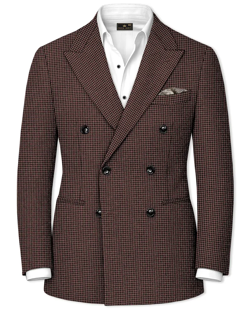 Sylvan-Woody Brown Classic Houndstooth Textured Tweed Double Breasted Blazer 1