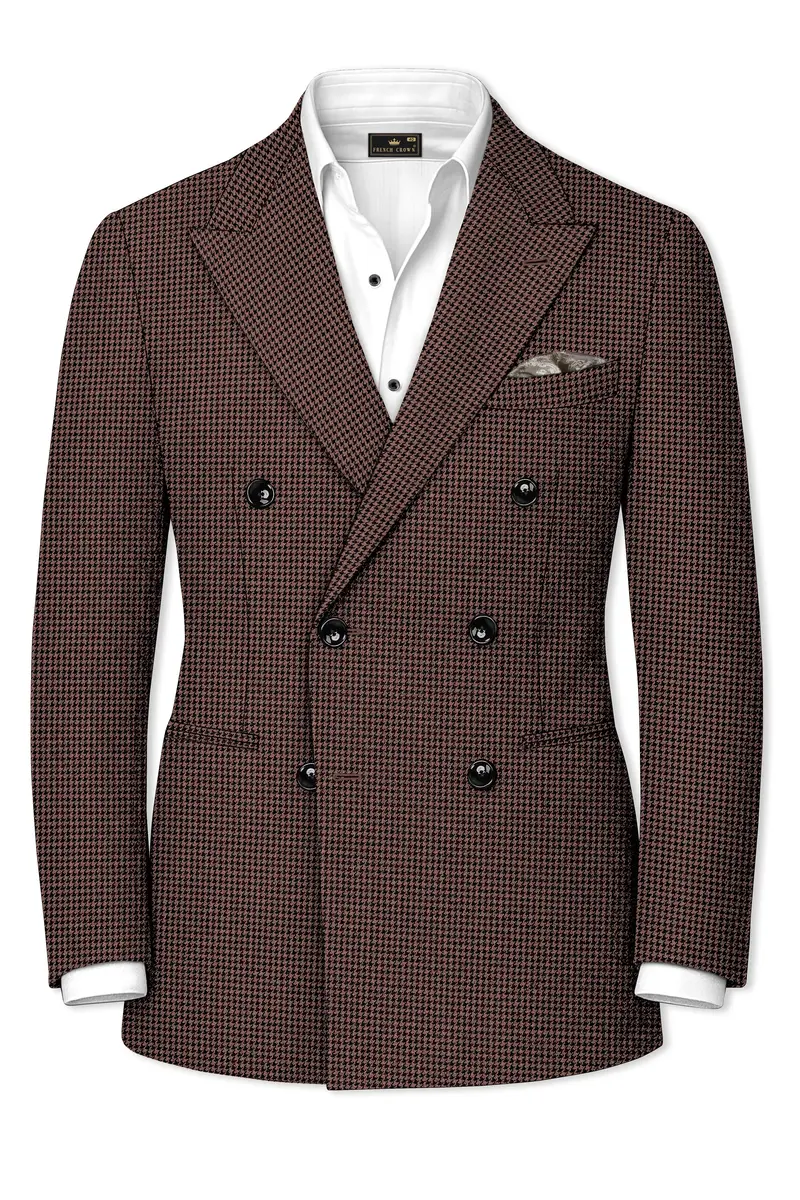 Sylvan-Woody Brown Classic Houndstooth Textured Tweed Double Breasted Blazer 2