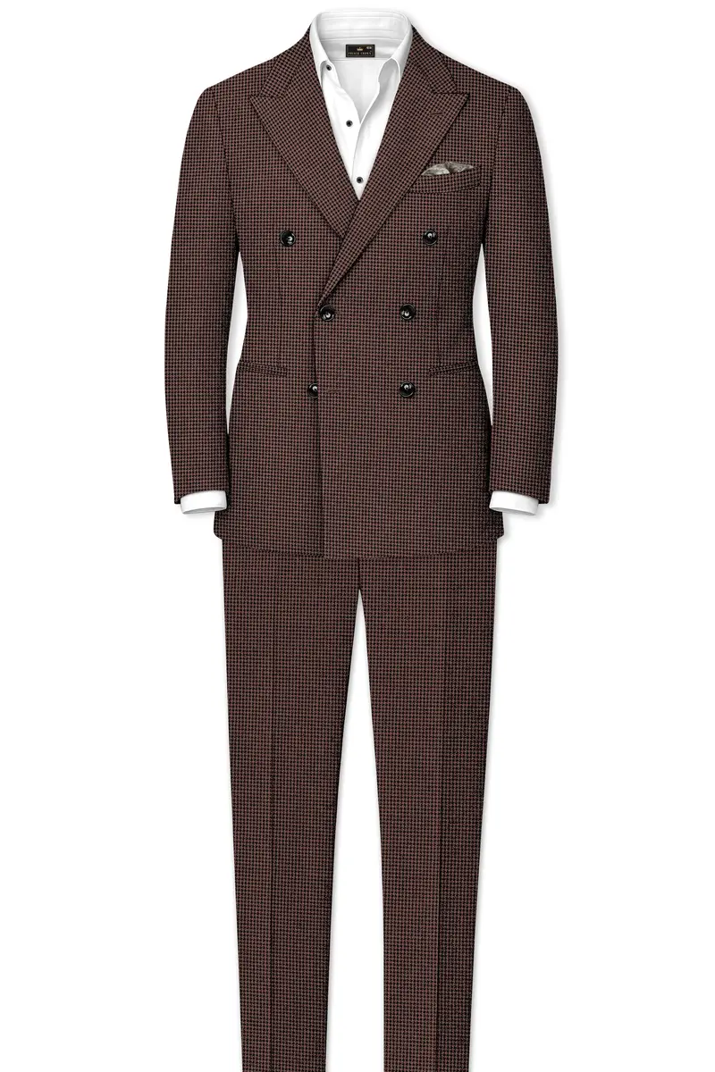 Sylvan-Woody Brown Classic Houndstooth Textured Tweed Double Breasted Blazer 4
