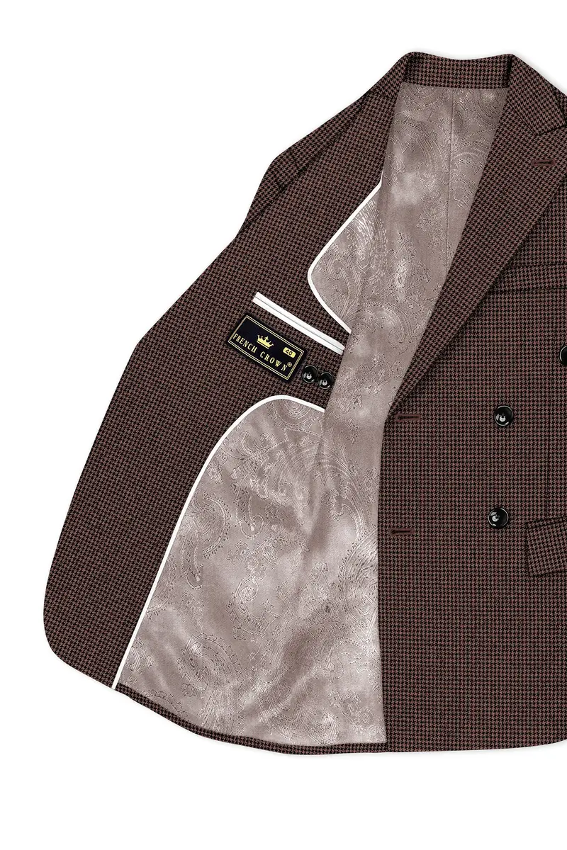 Sylvan-Woody Brown Classic Houndstooth Textured Tweed Double Breasted Blazer 6