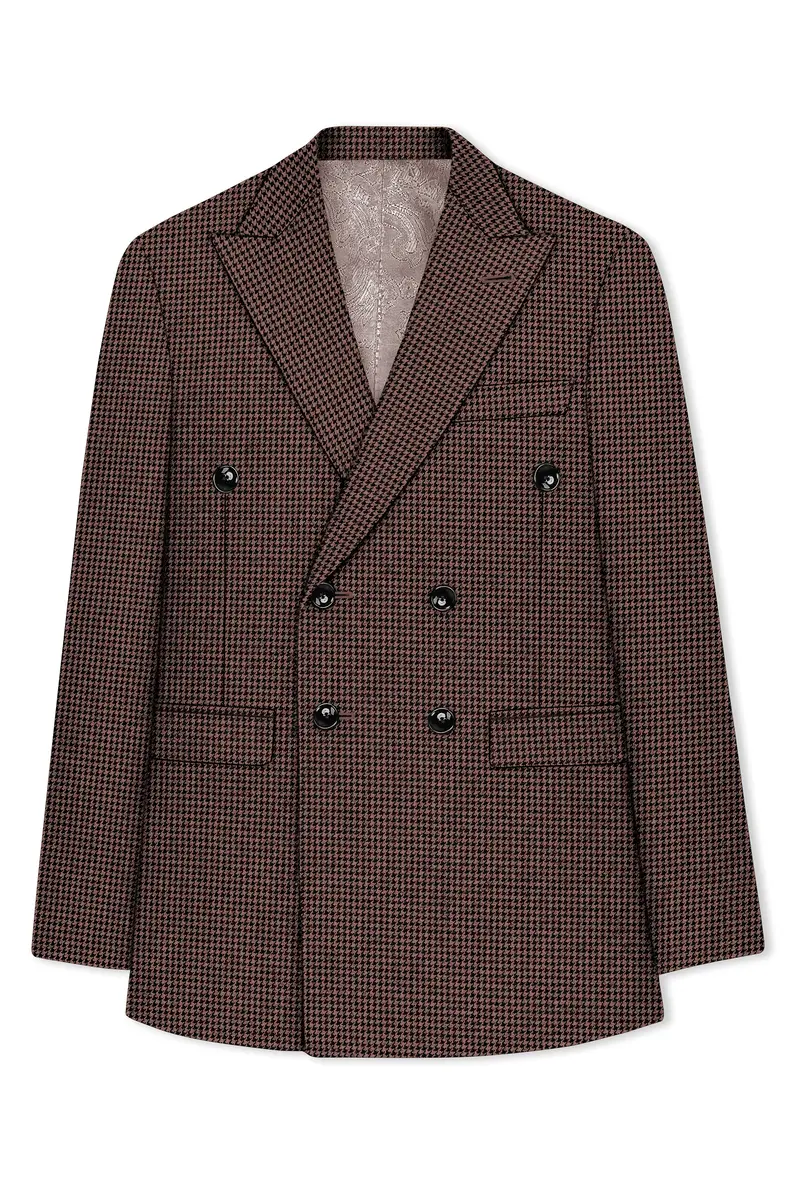 Sylvan-Woody Brown Classic Houndstooth Textured Tweed Double Breasted Blazer 8