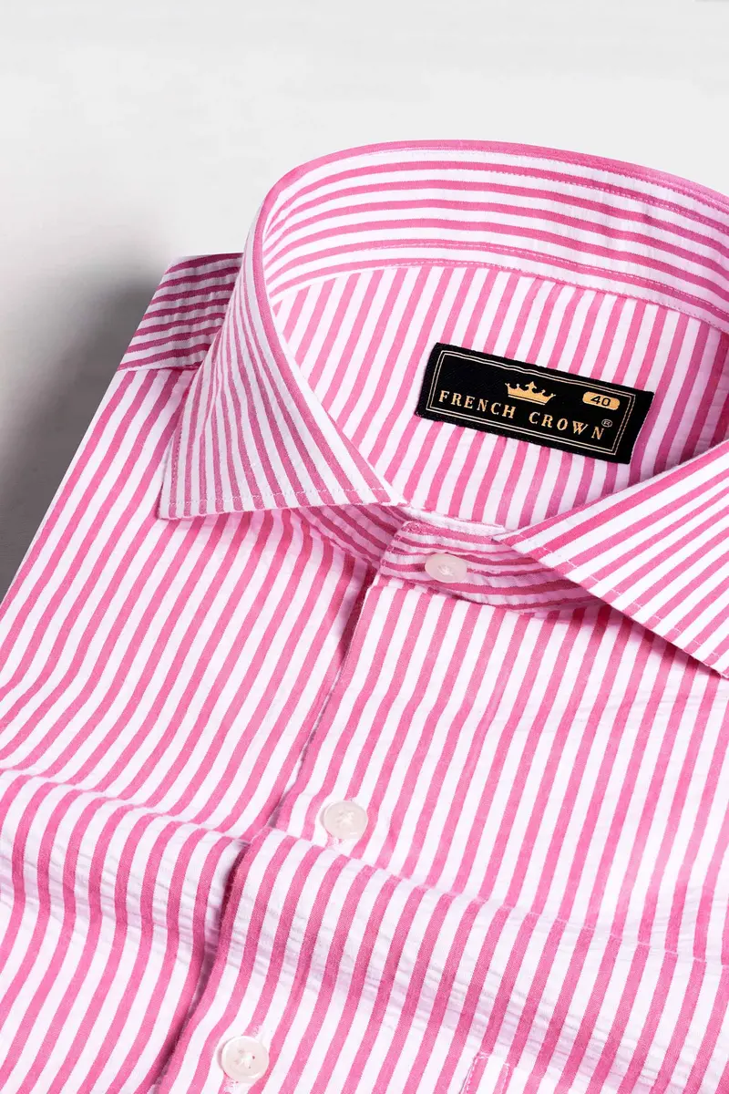 Taffy Pink And Bright White Striped Seersucker Giza Cotton Shirt 1