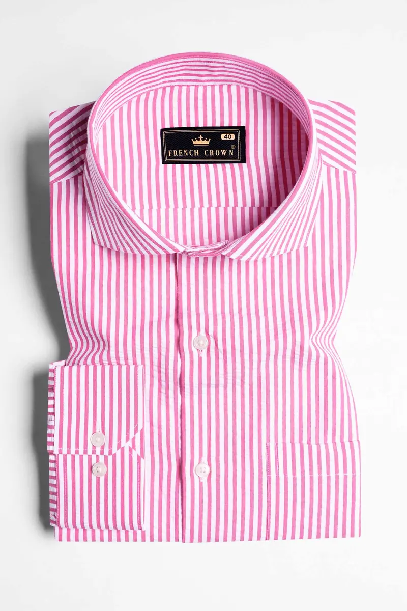 Taffy Pink And Bright White Striped Seersucker Giza Cotton Shirt 3