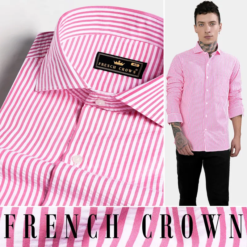 Taffy Pink And Bright White Striped Seersucker Giza Cotton Shirt 4