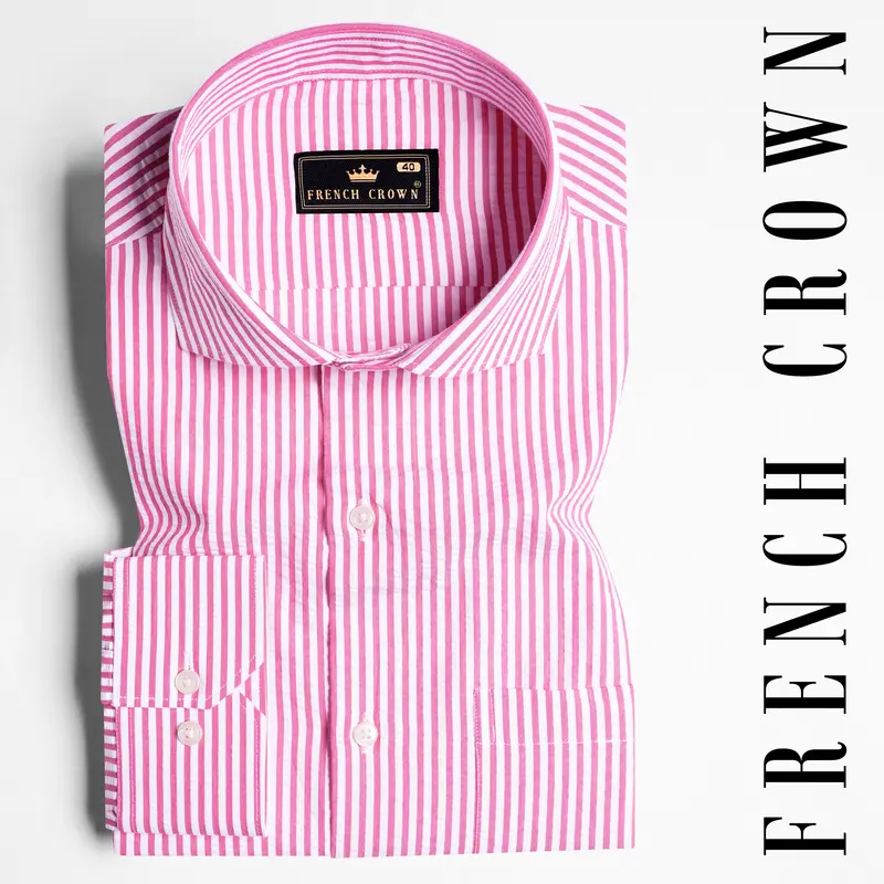 Taffy Pink And Bright White Striped Seersucker Giza Cotton Shirt 7
