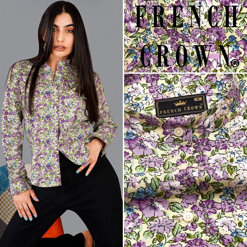 Tahuna Green With Wistteria Purple Floral Printed Premium Cotton Shirt 1