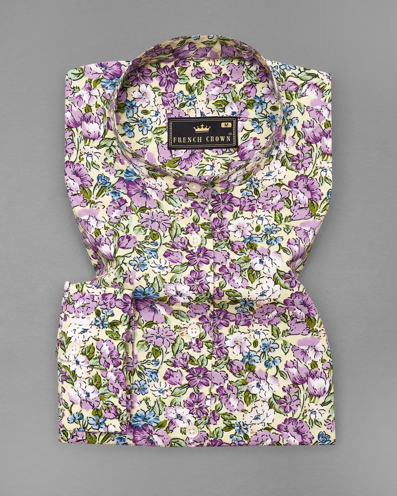 Tahuna Green With Wistteria Purple Floral Printed Premium Cotton Shirt 2