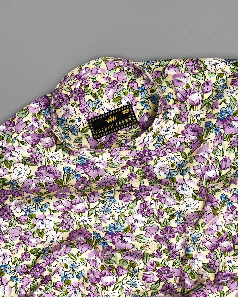 Tahuna Green With Wistteria Purple Floral Printed Premium Cotton Shirt 5