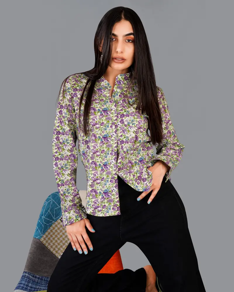 Tahuna Green With Wistteria Purple Floral Printed Premium Cotton Shirt 6