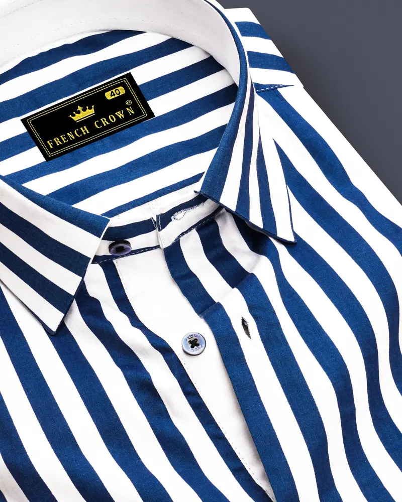Tailiq-Regal Blue And Bright White Striped Super Soft Premium Cotton Dress Shirt 1