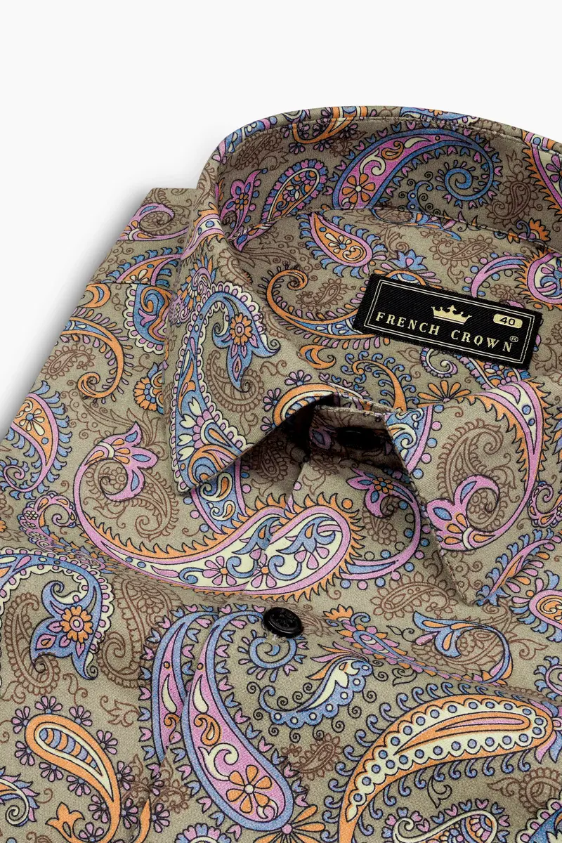 Tallow Cream With Wild Blue And Viola Pin Paisley Printed Super Soft Premium Cotton Shirt 1