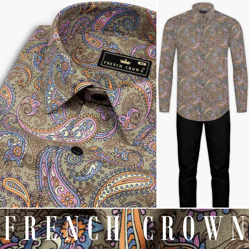 Tallow Cream With Wild Blue And Viola Pin Paisley Printed Super Soft Premium Cotton Shirt 10
