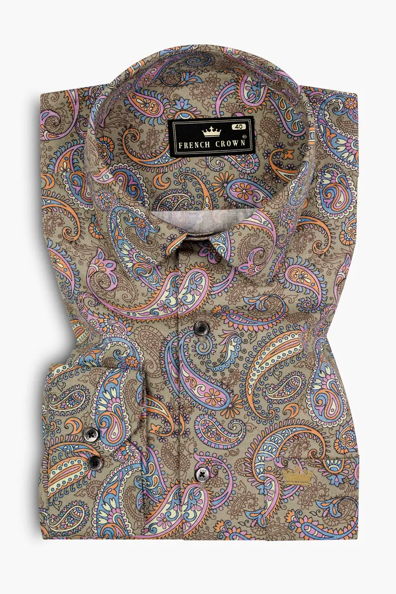 Tallow Cream With Wild Blue And Viola Pin Paisley Printed Super Soft Premium Cotton Shirt 3