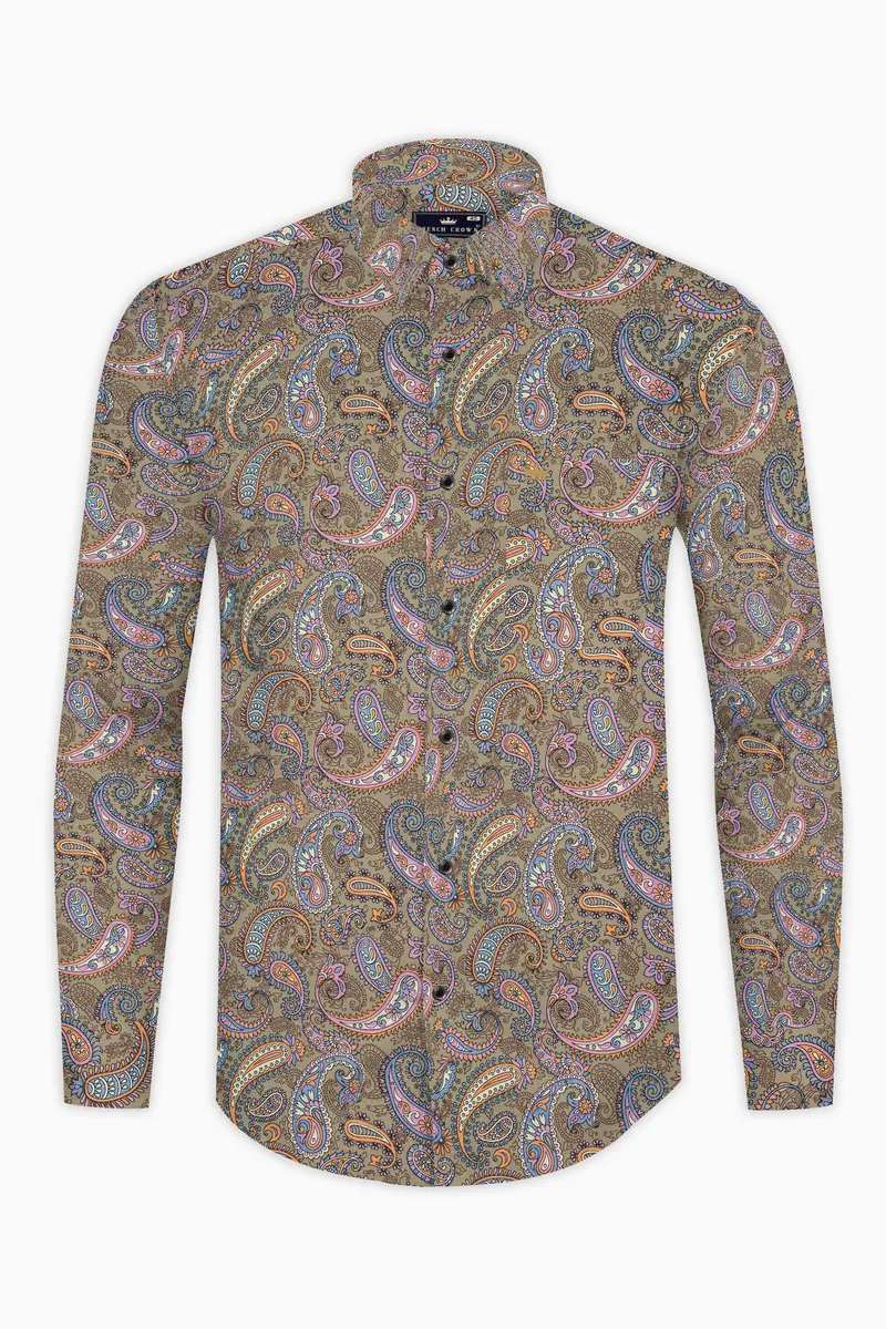 Tallow Cream With Wild Blue And Viola Pin Paisley Printed Super Soft Premium Cotton Shirt 4