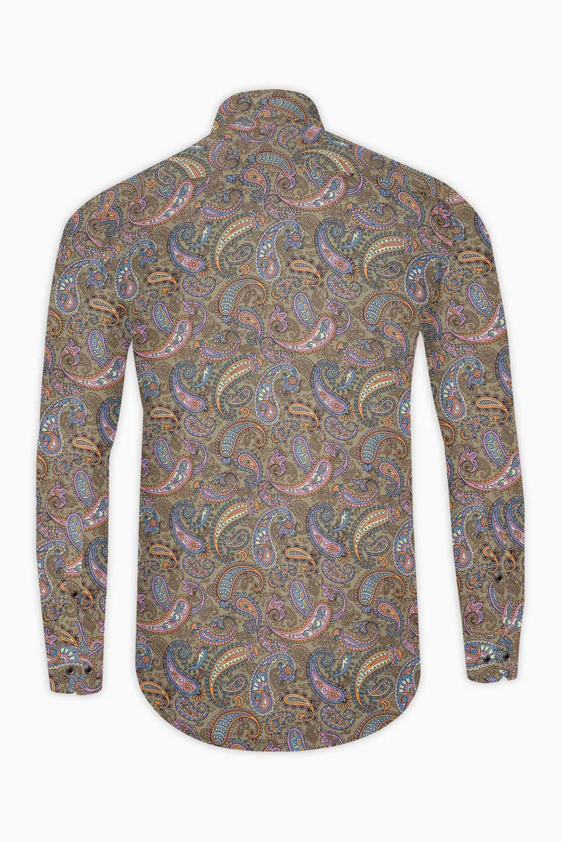 Tallow Cream With Wild Blue And Viola Pin Paisley Printed Super Soft Premium Cotton Shirt 5