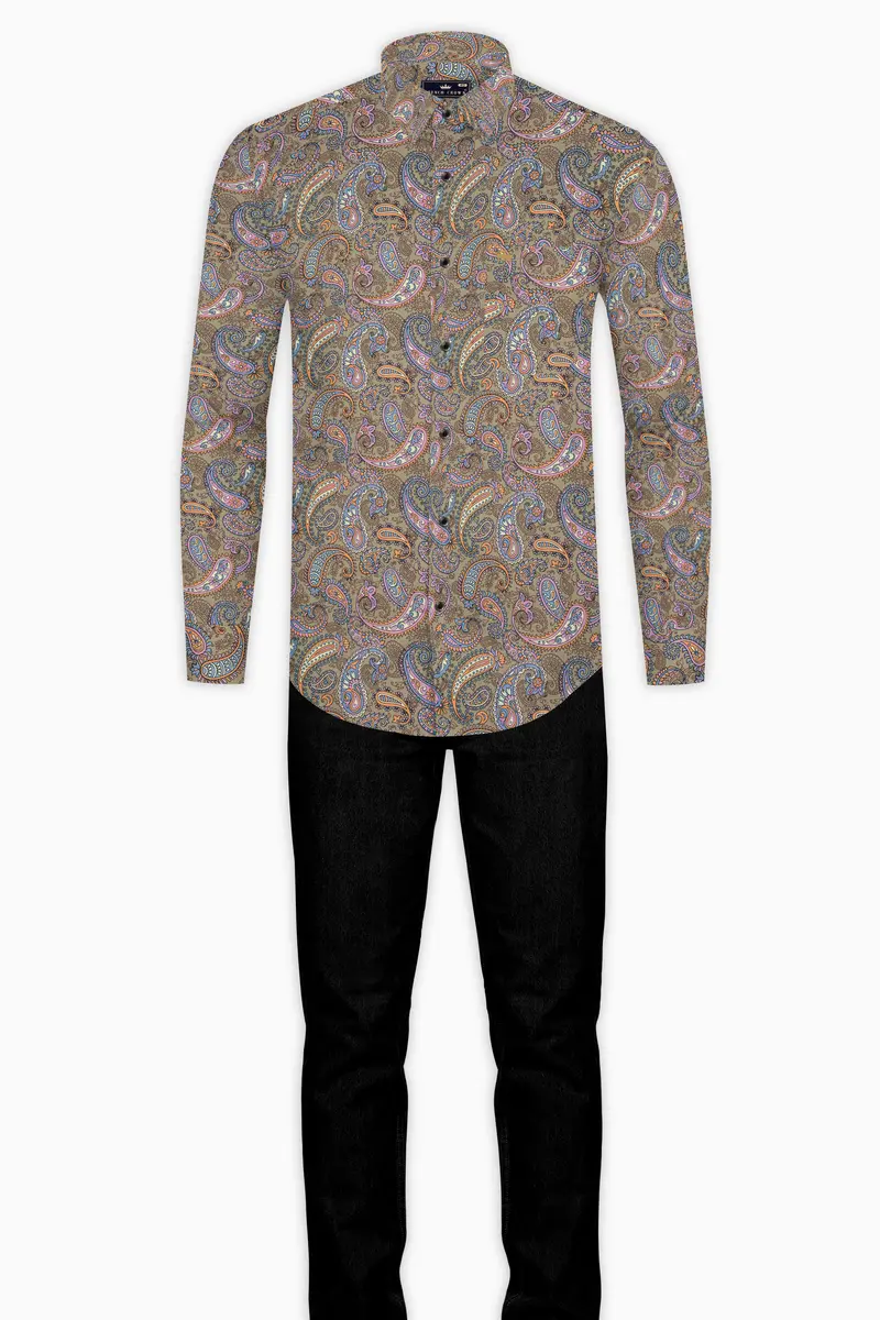 Tallow Cream With Wild Blue And Viola Pin Paisley Printed Super Soft Premium Cotton Shirt 6