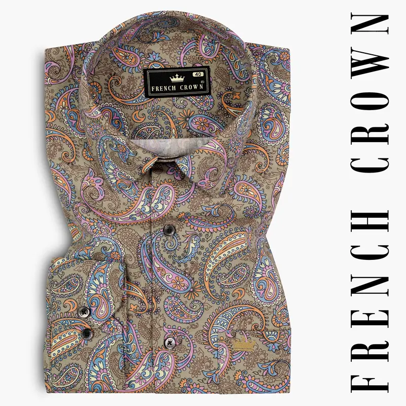 Tallow Cream With Wild Blue And Viola Pin Paisley Printed Super Soft Premium Cotton Shirt 7