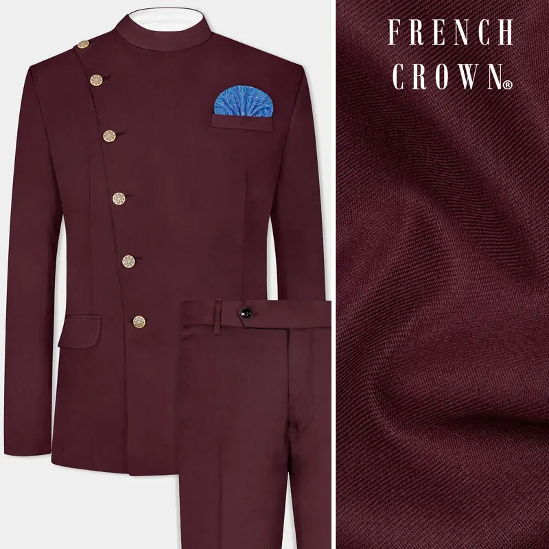 Tamarind Maroon Wool Blend Cross Placket Bandhgala Suit 1