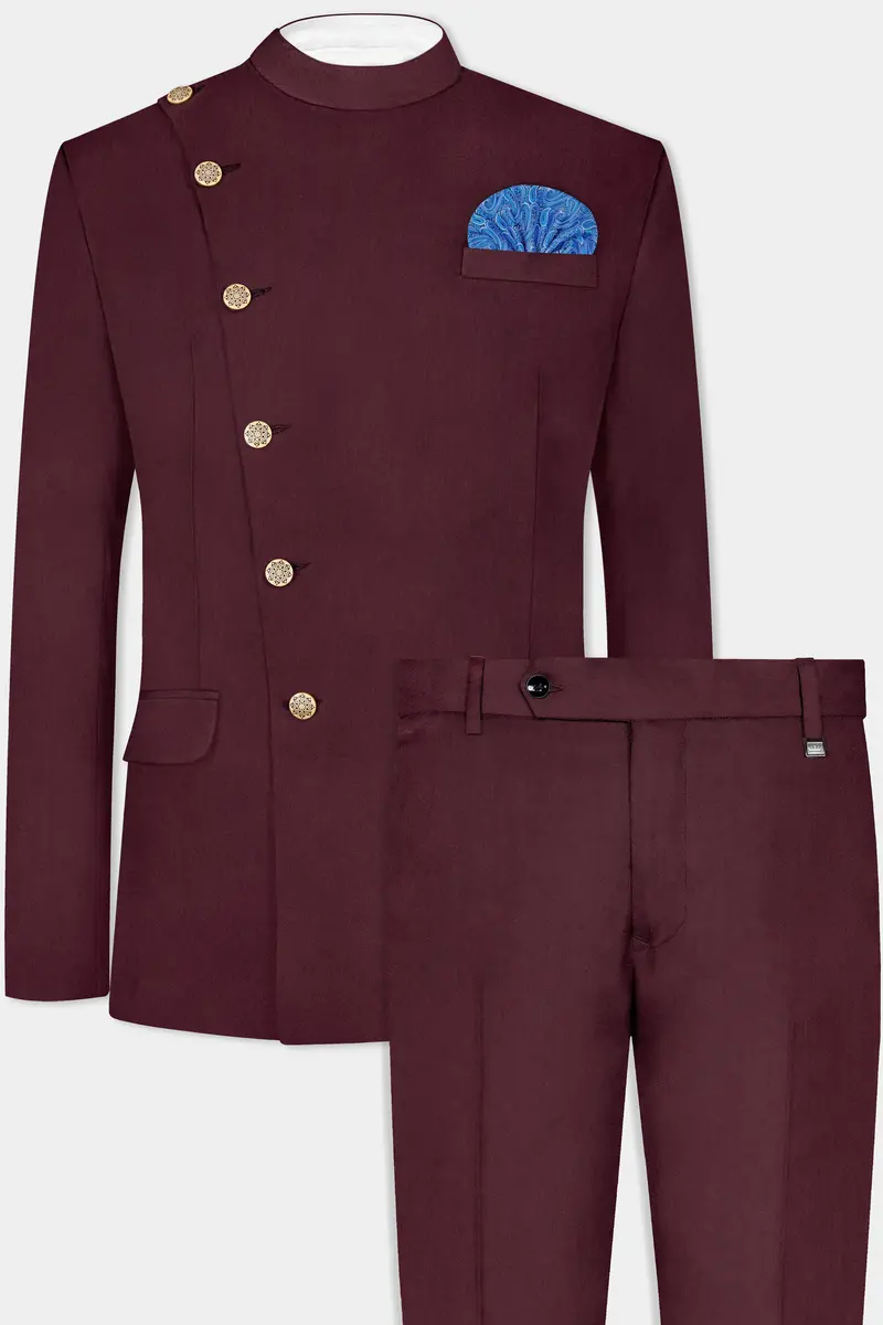 Tamarind Maroon Wool Blend Cross Placket Bandhgala Suit 2