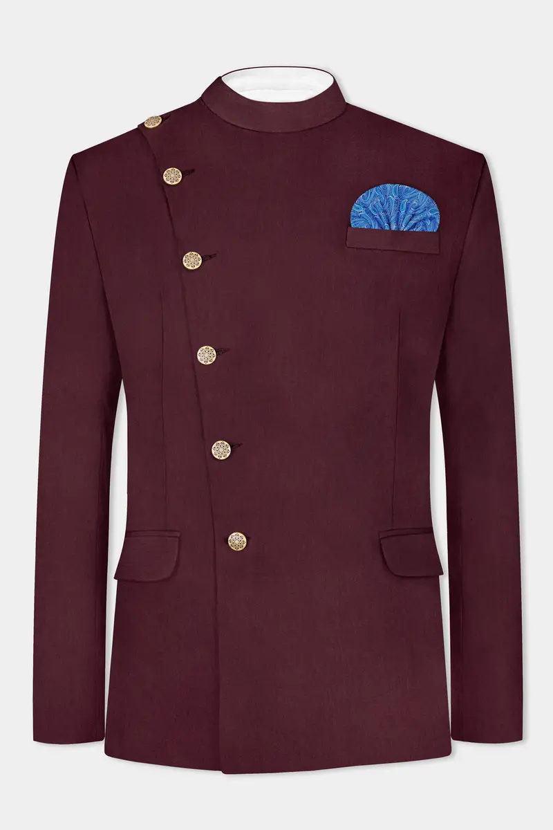 Tamarind Maroon Wool Blend Cross Placket Bandhgala Suit 6