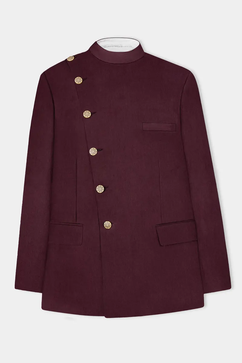 Tamarind Maroon Wool Blend Cross Placket Bandhgala Suit 7