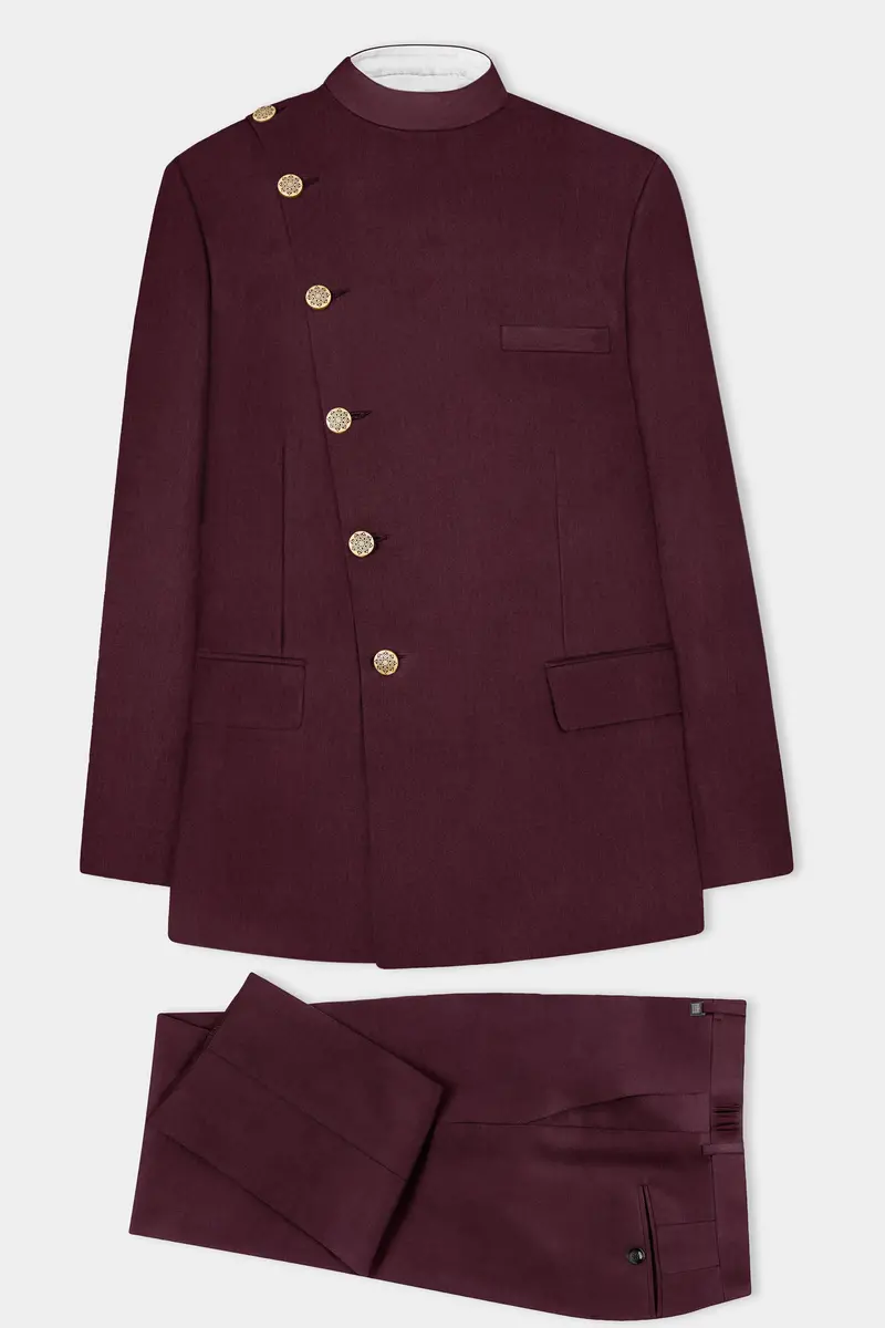 Tamarind Maroon Wool Blend Cross Placket Bandhgala Suit 9