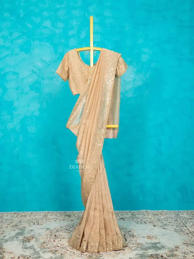 Tan Organza Silk Saree Embellished With Sequins And Beads Border Along With Designer Blouse 1