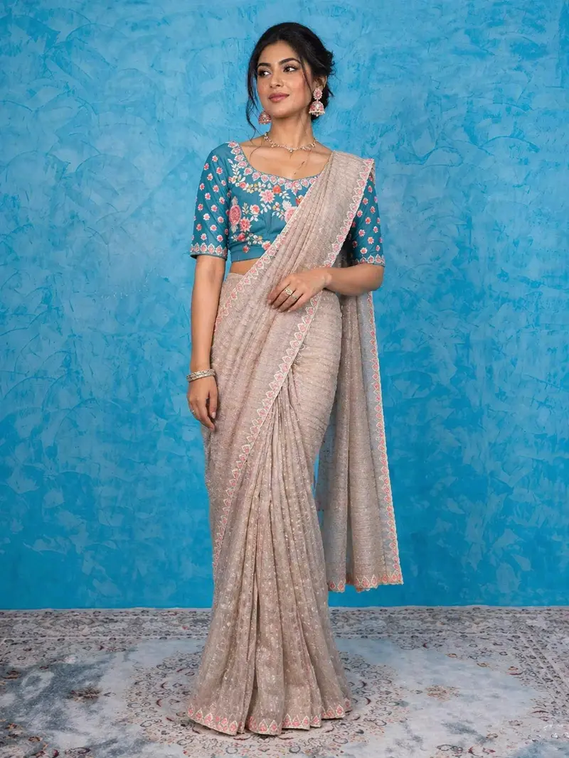 Tan Tissue Silk Saree With Embroidery Border Along With Designer Blouse 1