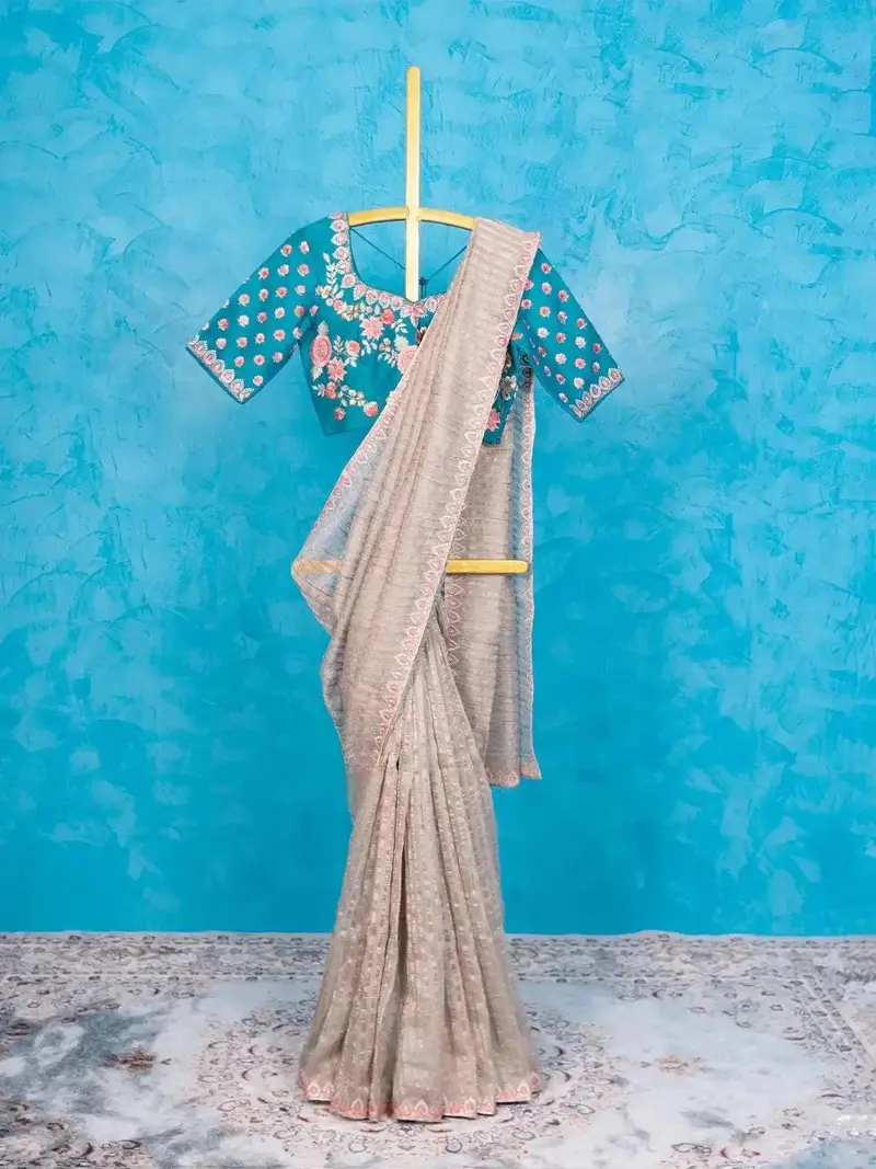 Tan Tissue Silk Saree With Embroidery Border Along With Designer Blouse 2