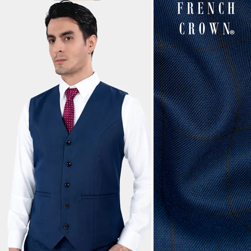 Tangaroa Blue And Subtle Black Checkered Wool Rich Waistcoat 1