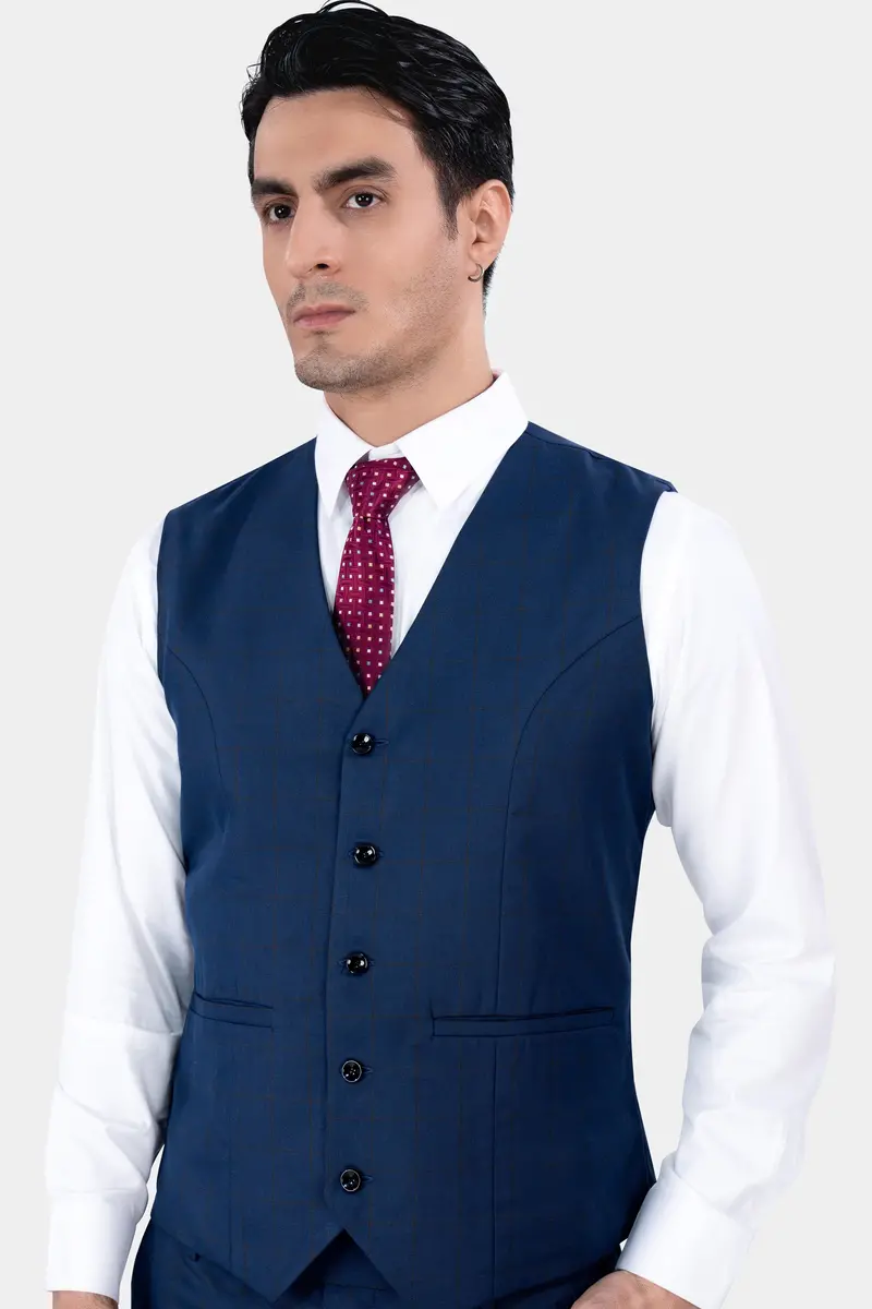 Tangaroa Blue And Subtle Black Checkered Wool Rich Waistcoat 2