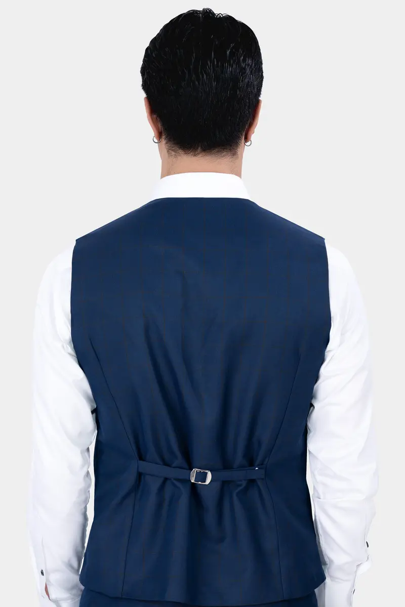 Tangaroa Blue And Subtle Black Checkered Wool Rich Waistcoat 4