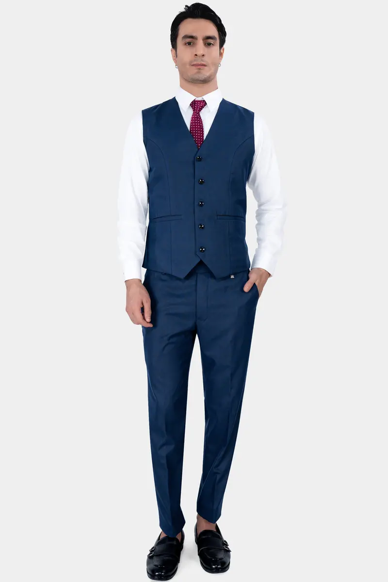 Tangaroa Blue And Subtle Black Checkered Wool Rich Waistcoat 5